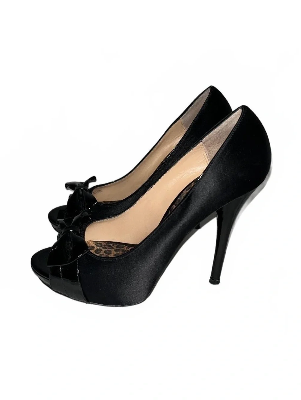 Betsey Johnson Black Satin Peep Toe Heels with Bow Detail Size 9.5
